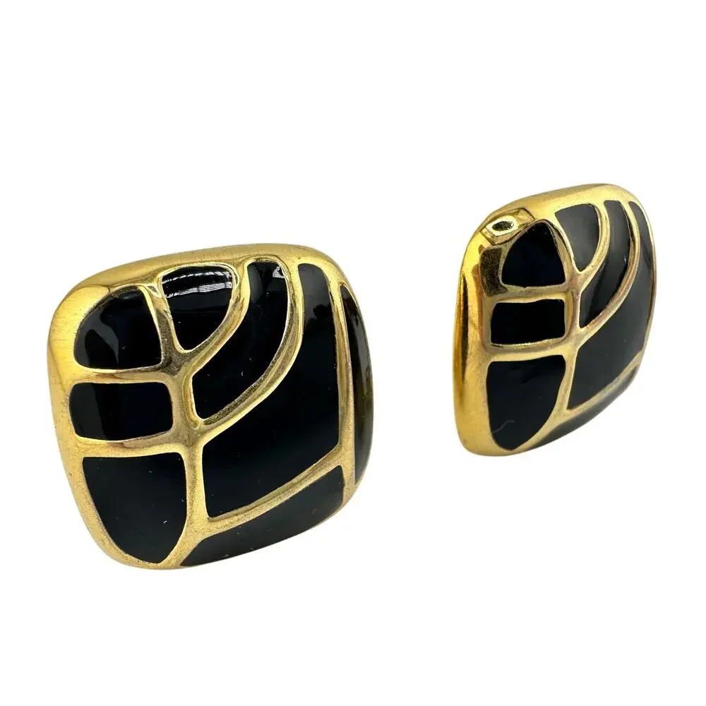 Vintage Morgan Taylor Black Enamel Abstract Gold Tone Clip On .75